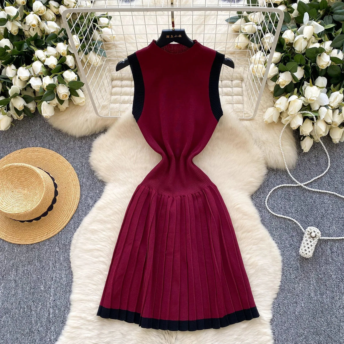 Pleated Knit Mini Dress