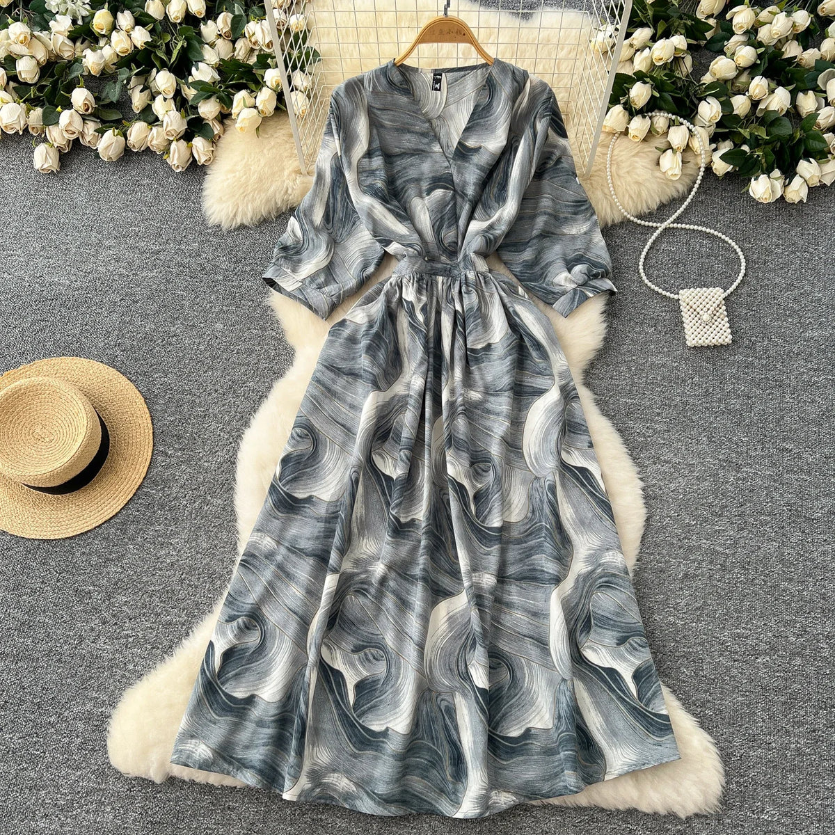 Print Pleated Lace-Up V-Neck Sundress
