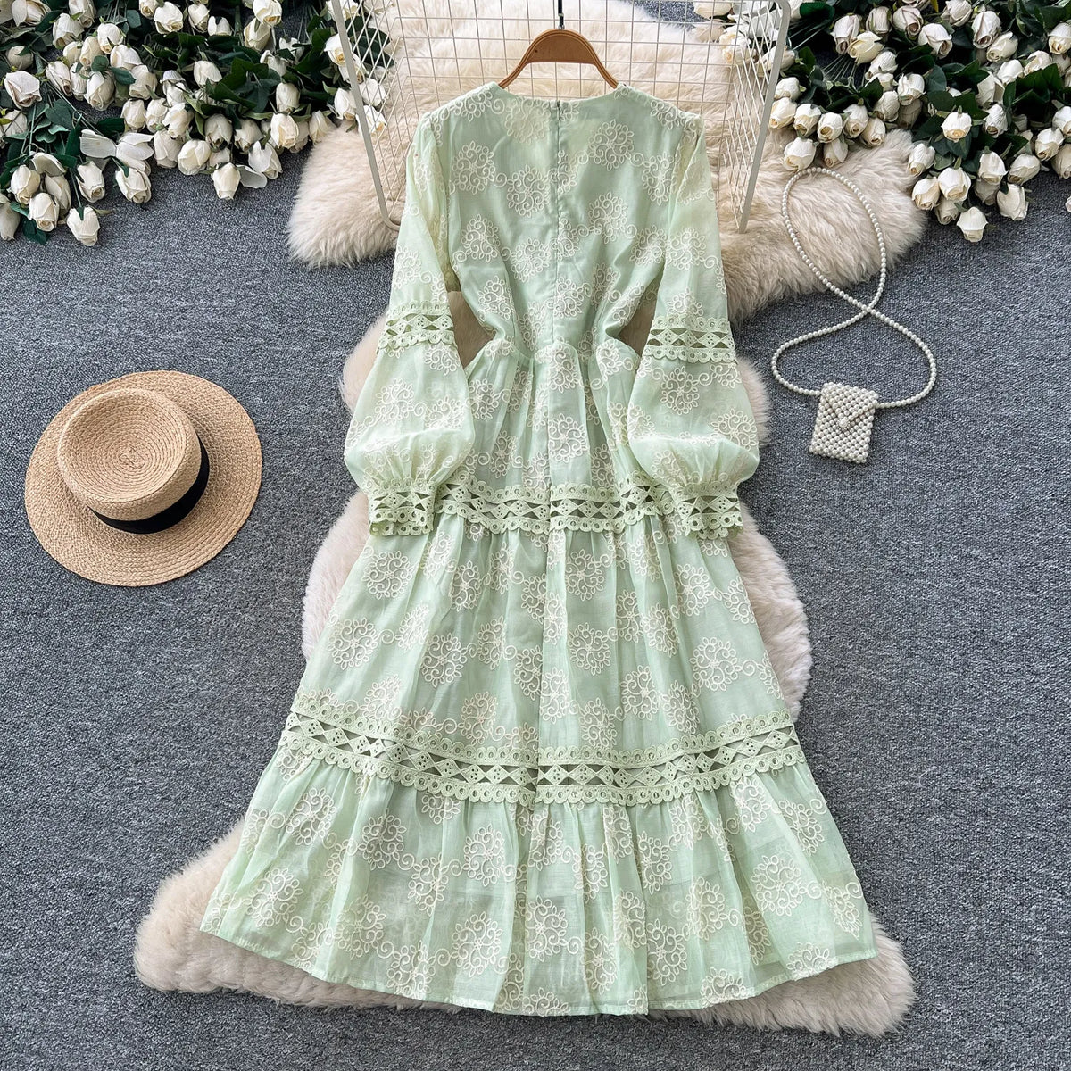 Embroidered Hollow Out Lantern Sleeve Midi Dress