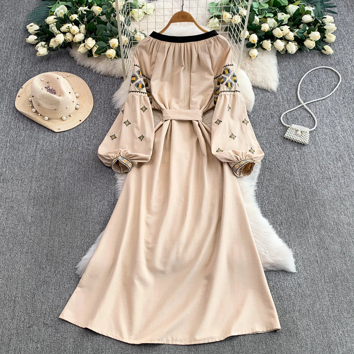Embroidered Long Sleeve A-Line Dress