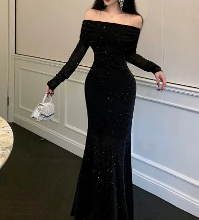Glitter Sequin Slash Neck Mermaid Long Dress