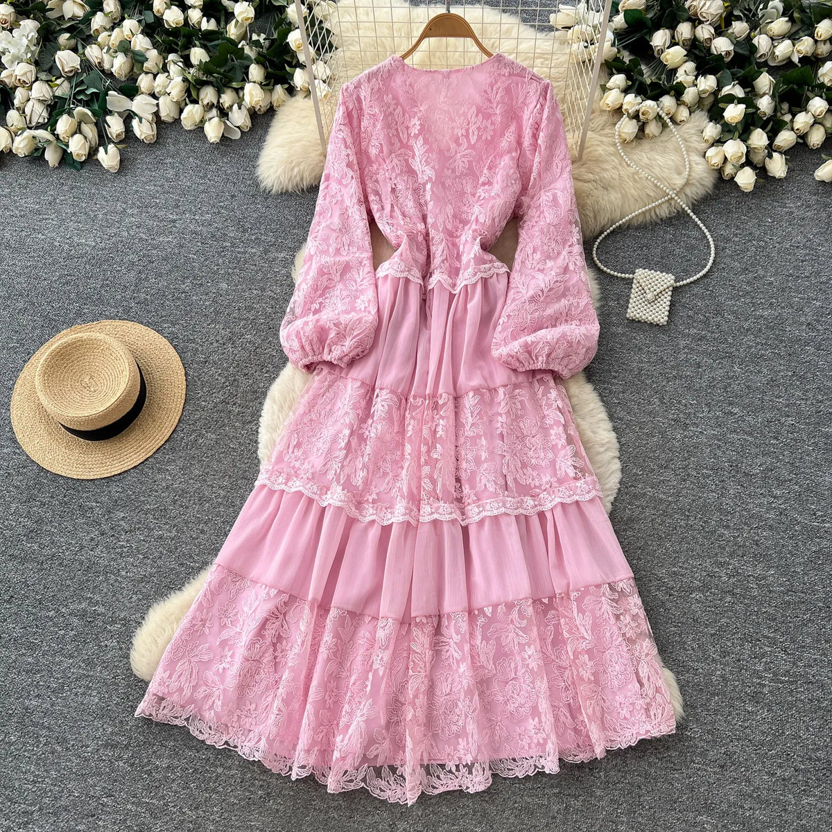 Lace Mesh V-Neck Ruffle Maxi Dress