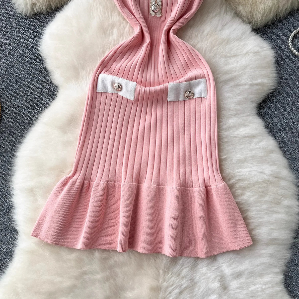 Buttoned Rib Knit Mermaid Party Dress