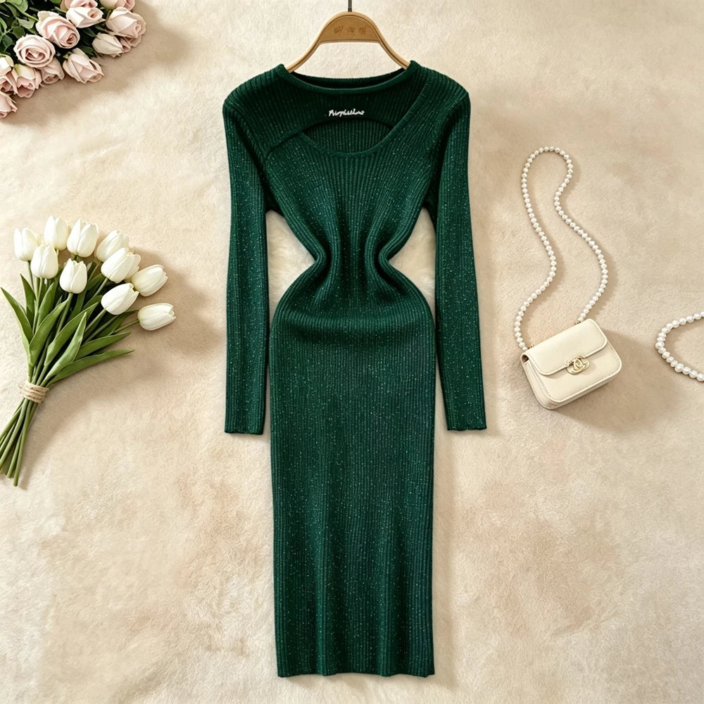 Cutout Neck Knit Bodycon Midi Dress