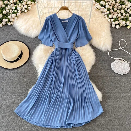 Pleated Lace-Up V-Neck A-Line Sundress