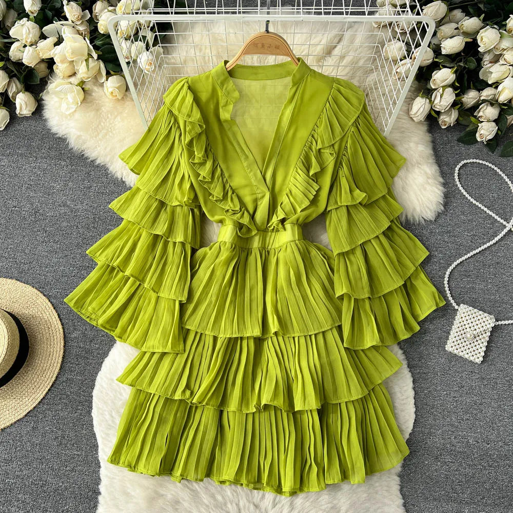Vintage Ruffle Tiered Flare Sleeve Mini Dress