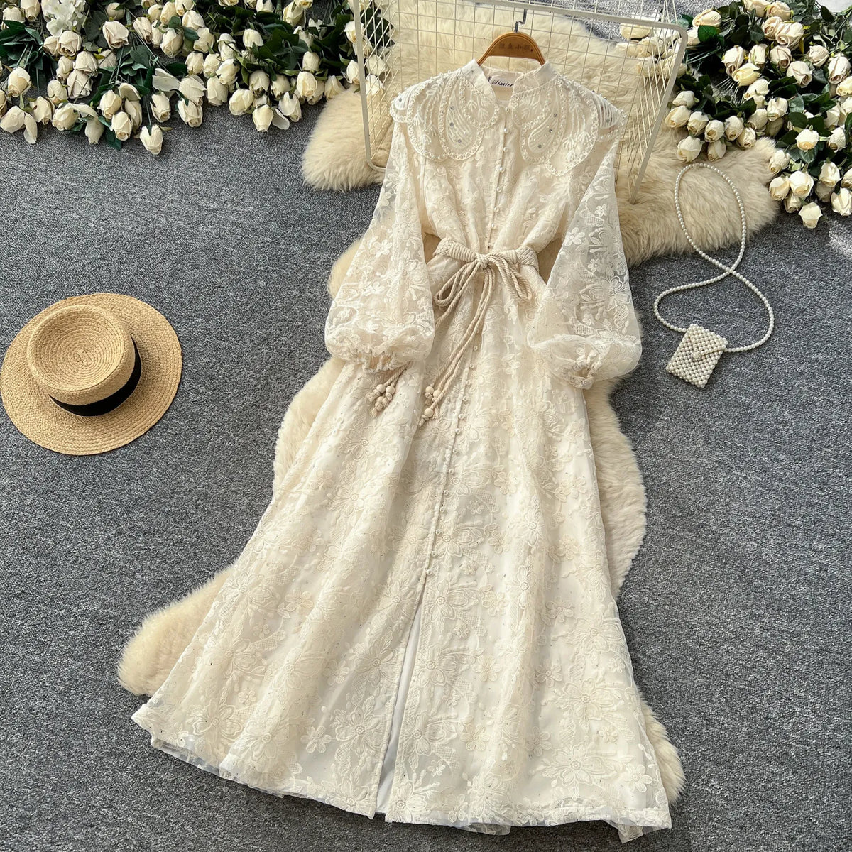 Stand Collar Puff Sleeve Maxi Swing Dress