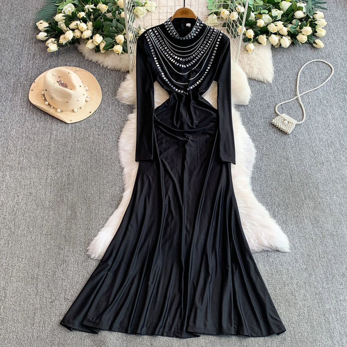 Rhinestone Long Sleeve Maxi Dress