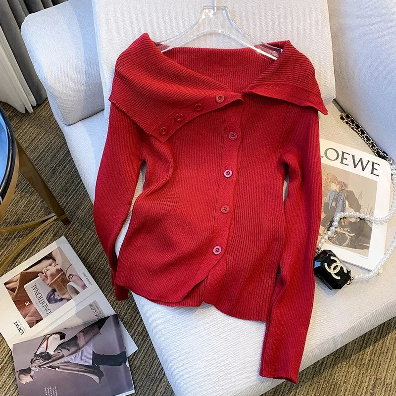 Off-Shoulder Button Knit Sweater