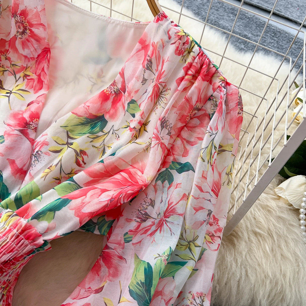 Pleated Print V-Neck Lantern Sleeve Long Dress