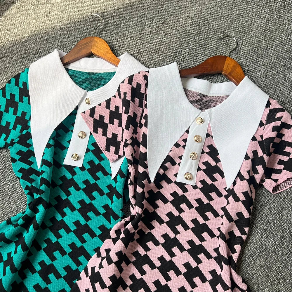 Houndstooth Collared Knit Mini Dress