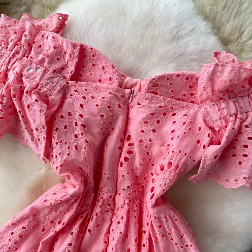 Embroidered Cutout Ruffle A-Line Dress