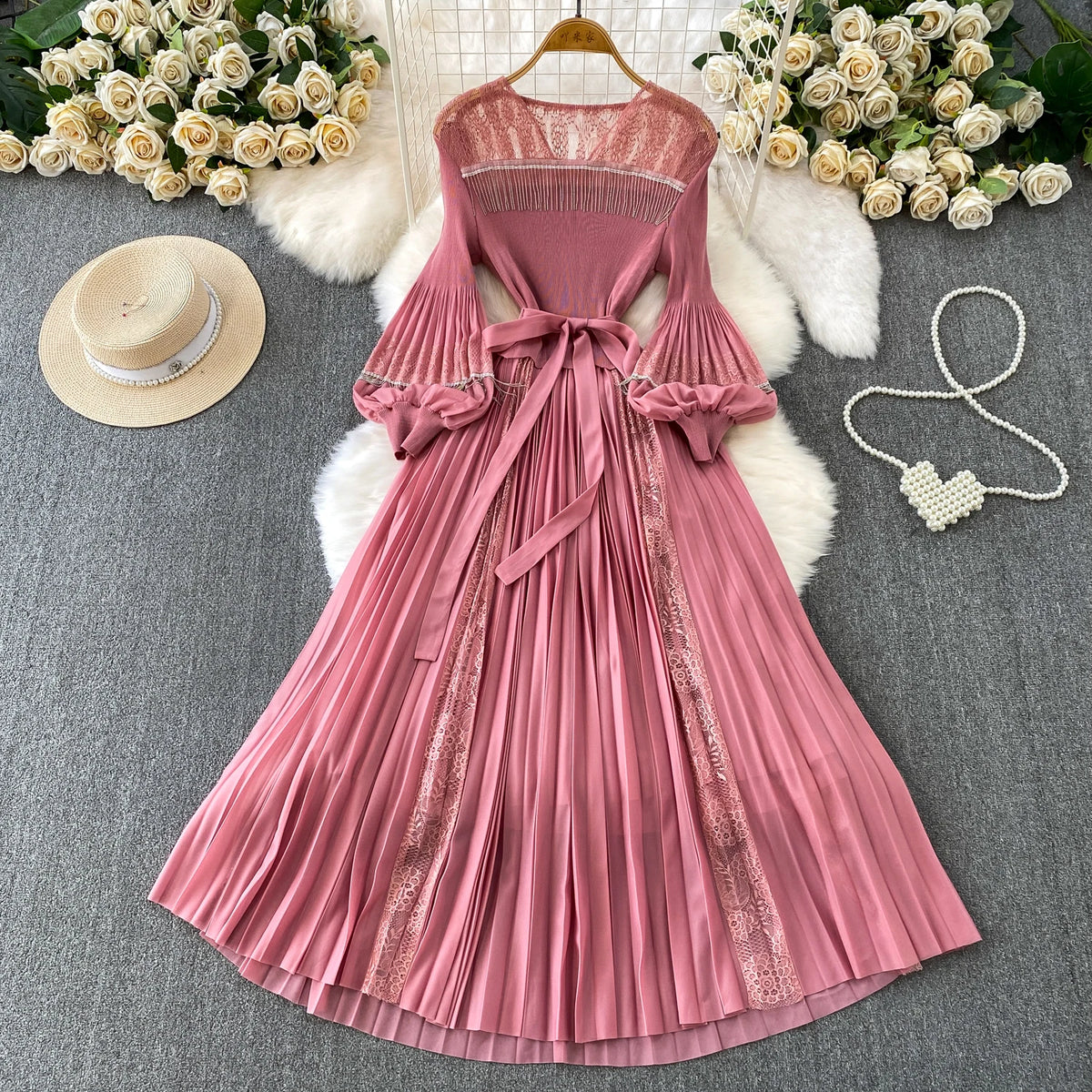 Lace Lantern Sleeve A-Line Office Dress