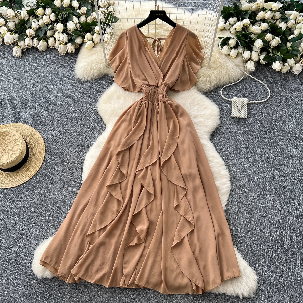 Criss-Cross Chiffon Short Sleeve Gown