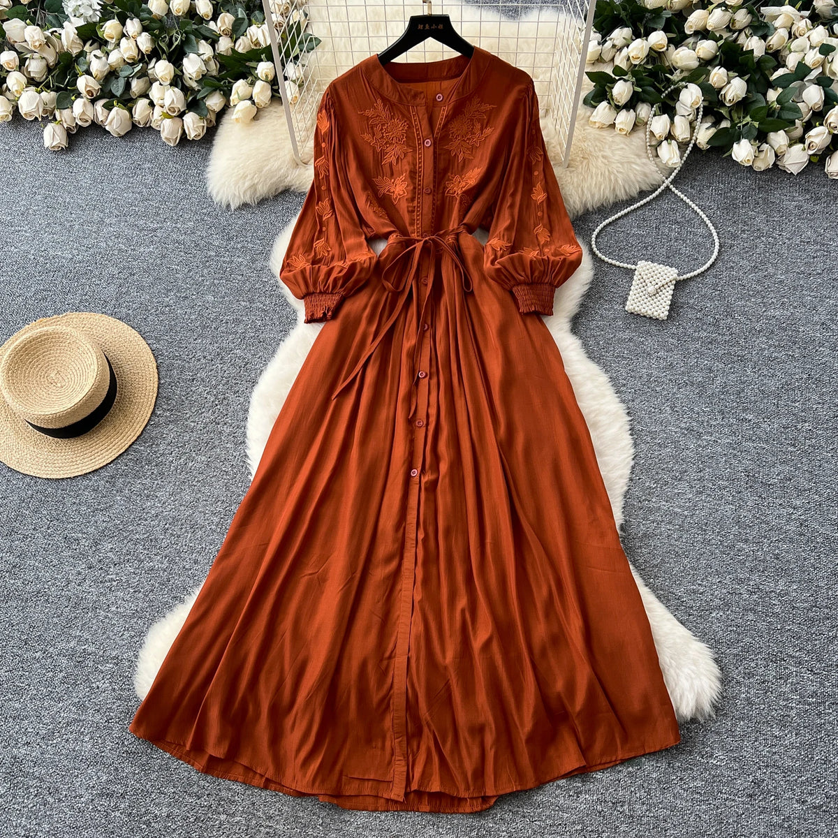 Embroidered Button A-Line Summer Dress