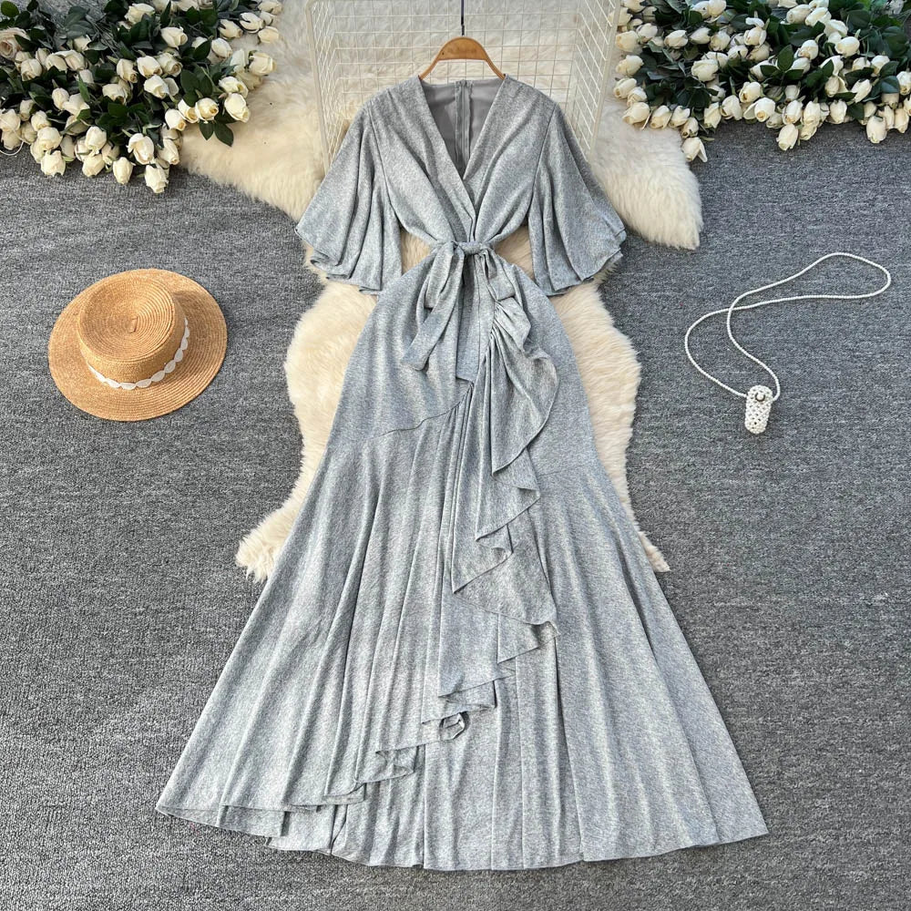 Asymmetrical V-Neck Slim Dress