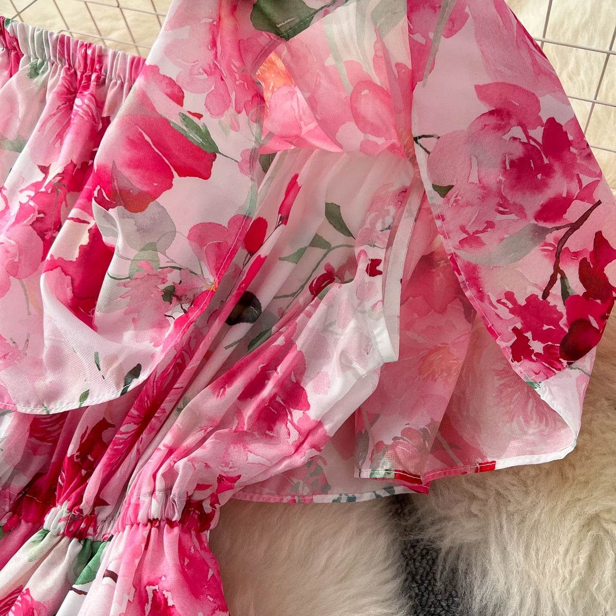 Floral Chiffon Pleated Boat Neck Maxi Dress