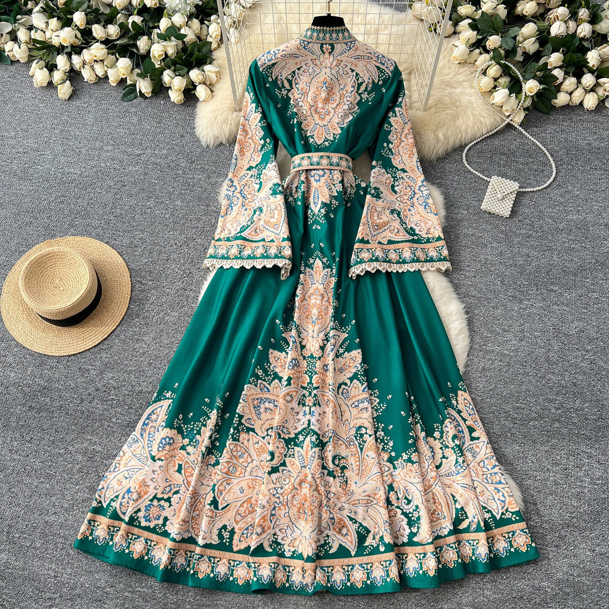 Print Ruched Flare Sleeve Sash Dress