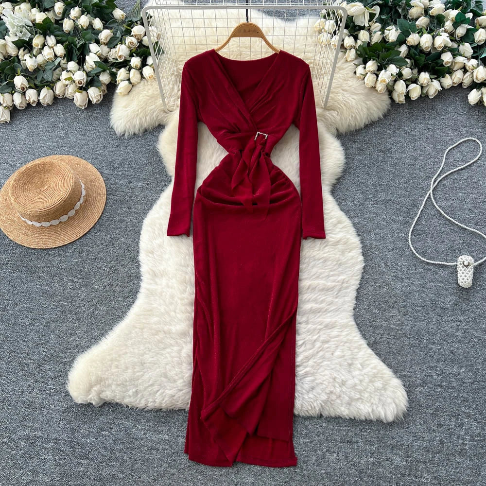 V-Neck Long Sleeve Office Dress