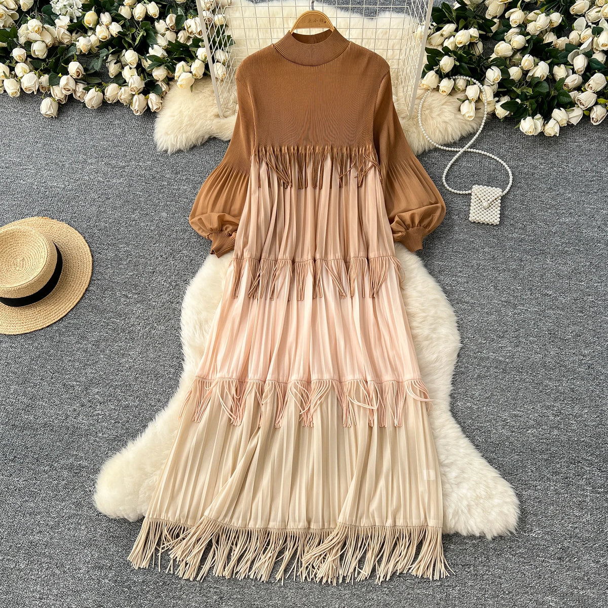Tassel Patchwork Lantern Sleeve Dress
