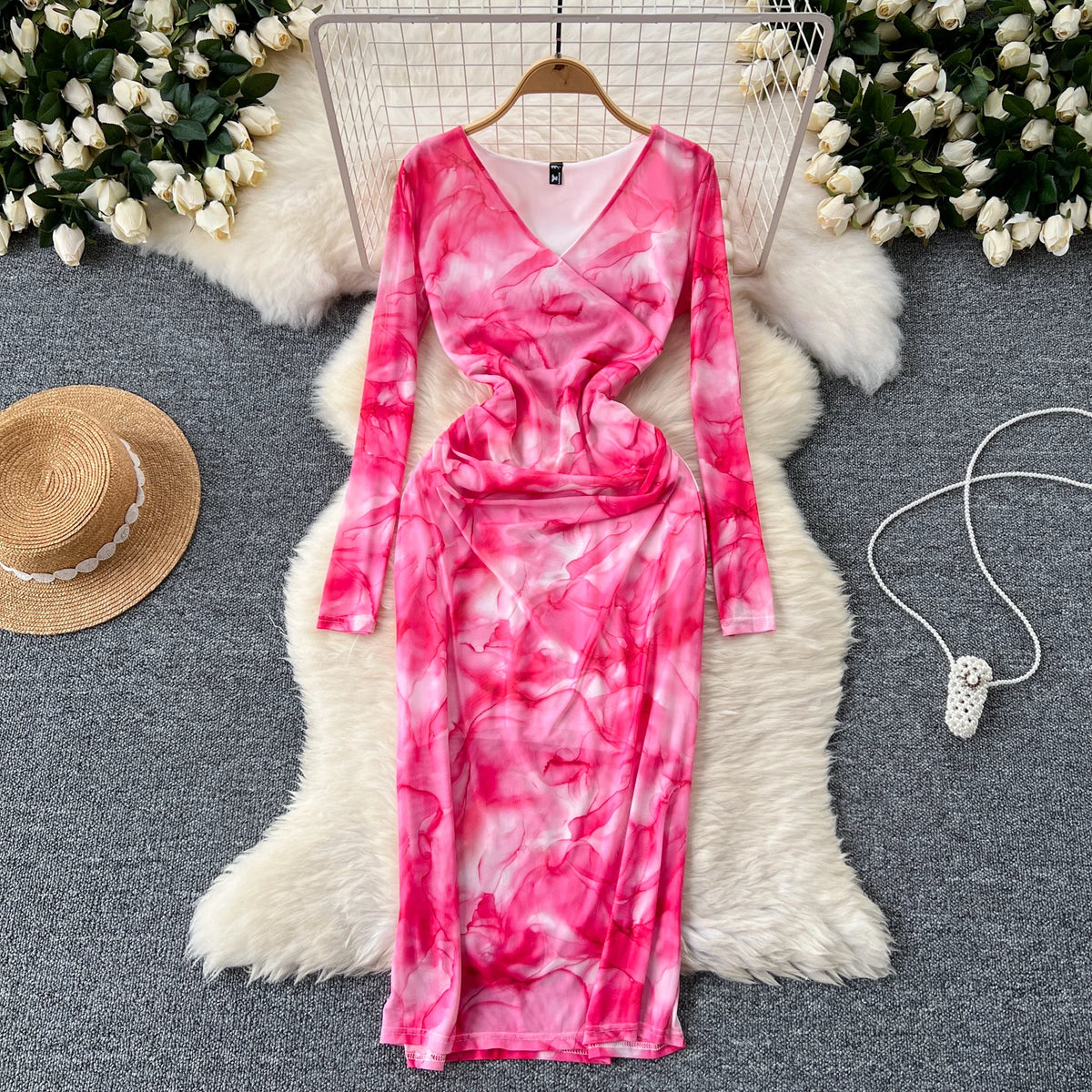 Pleated Mesh Print V-Neck Dress