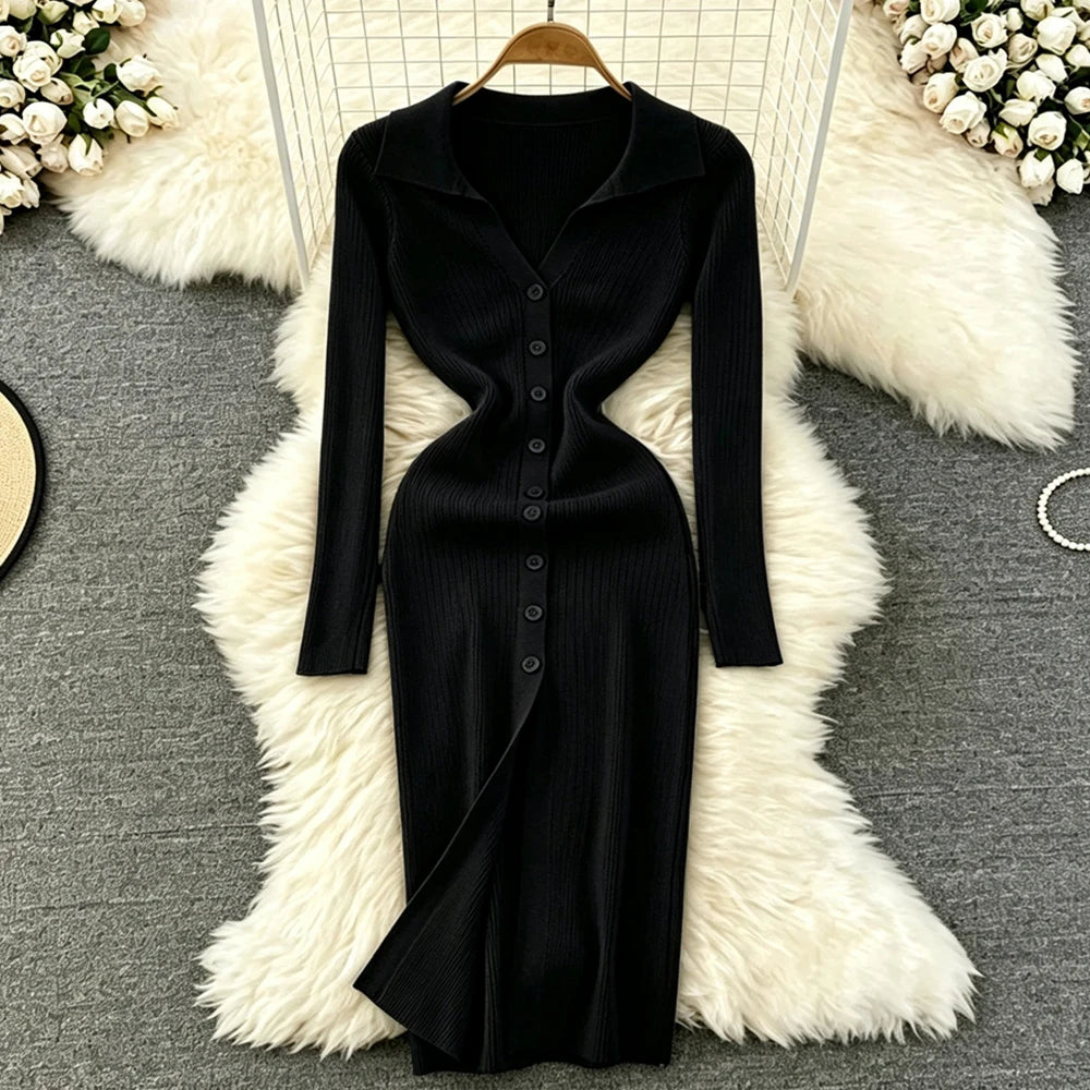 Button Front Collared Knit Maxi Sweater Dress