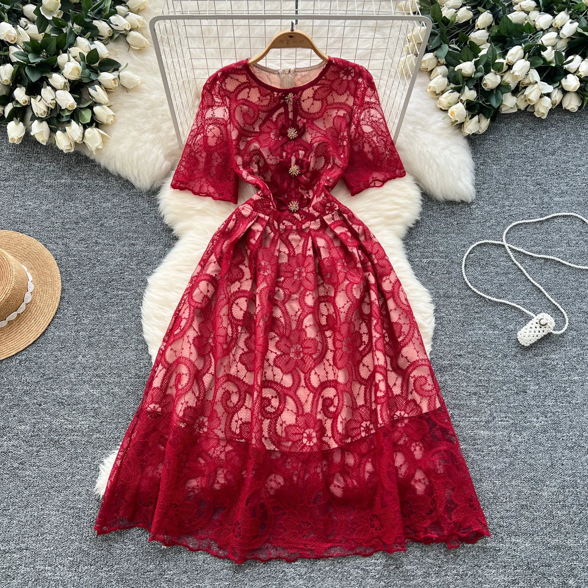 Crochet Lace Short Sleeve Maxi Dress