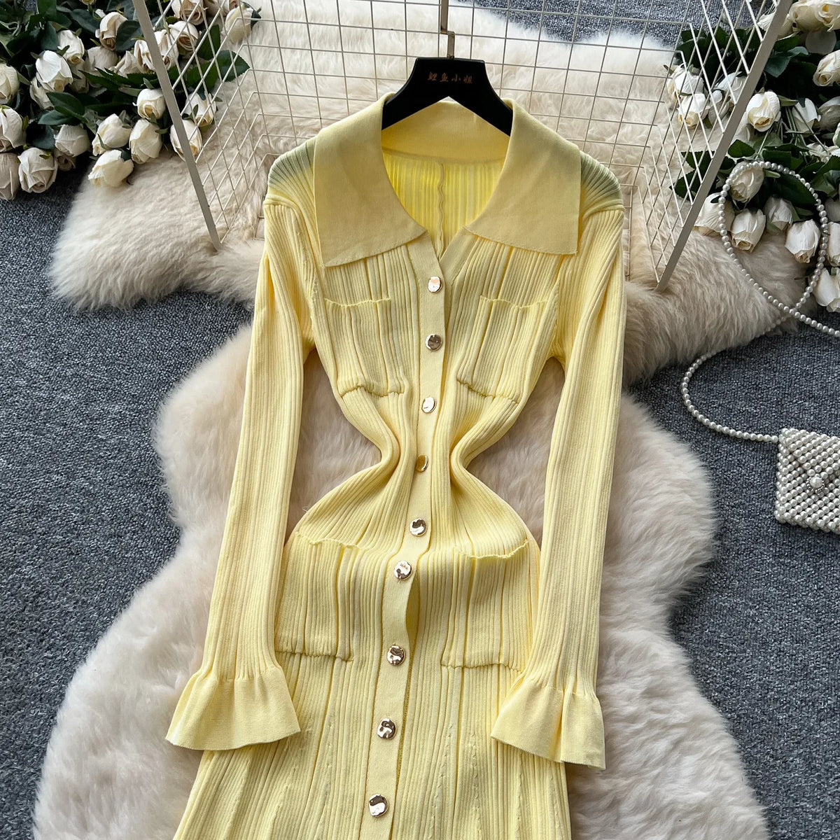 Collared Knit A-Line Maxi Shirt Dress