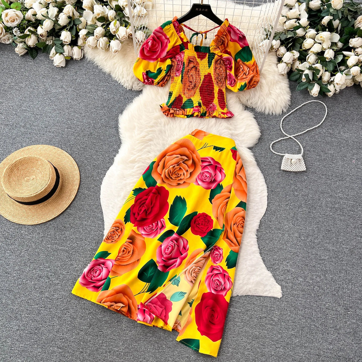 Floral Crop Top And Split Skirt Set