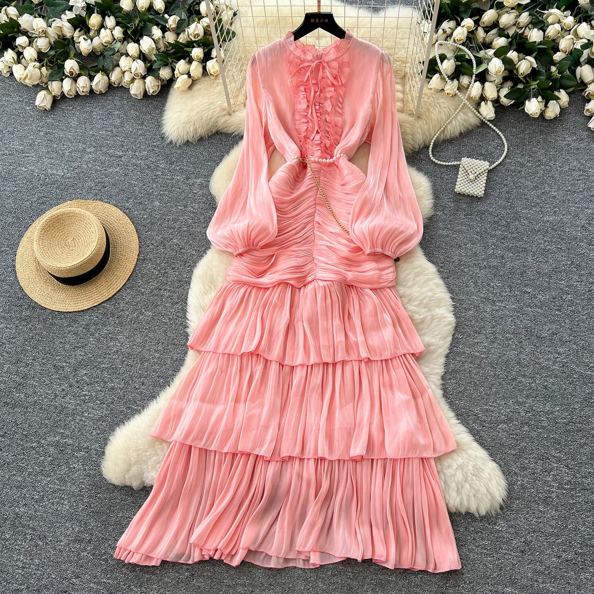 Tiered Lettuce Trim Boho Long Dress