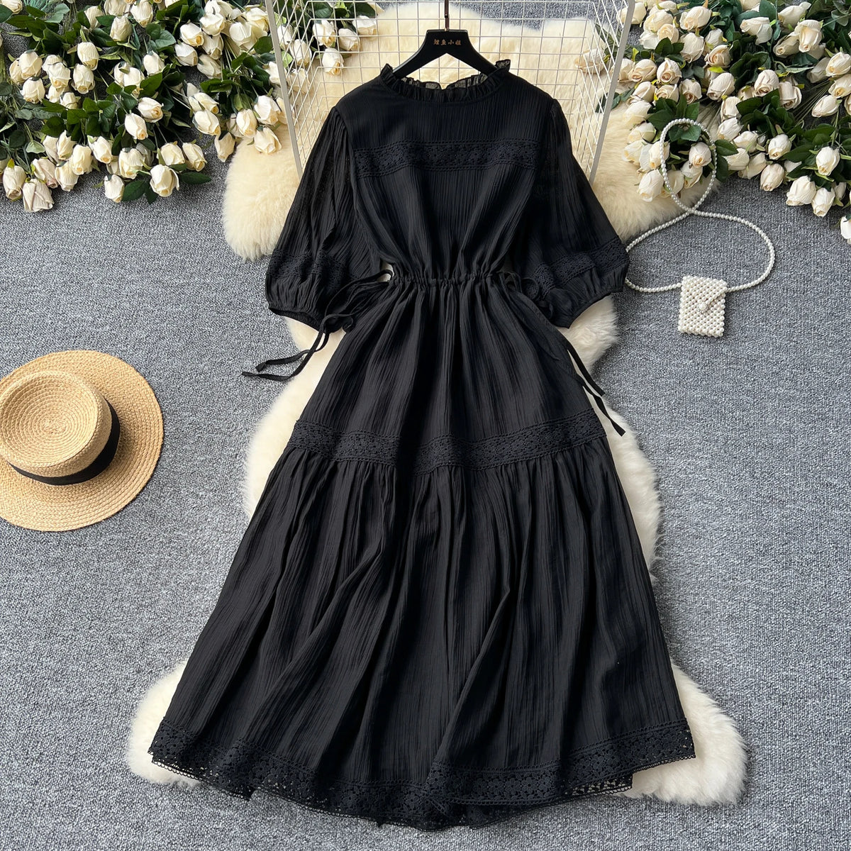 Lace Ruffle Lantern Sleeve Chiffon Dress