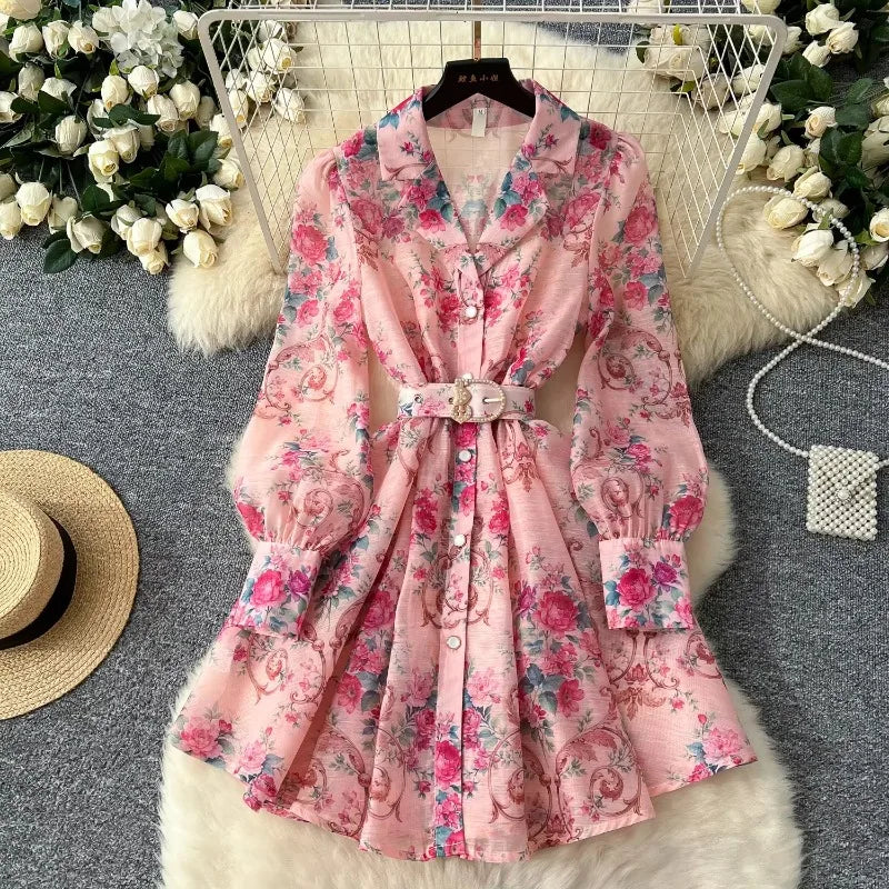 Vintage Print Notched Neck Sash Dress