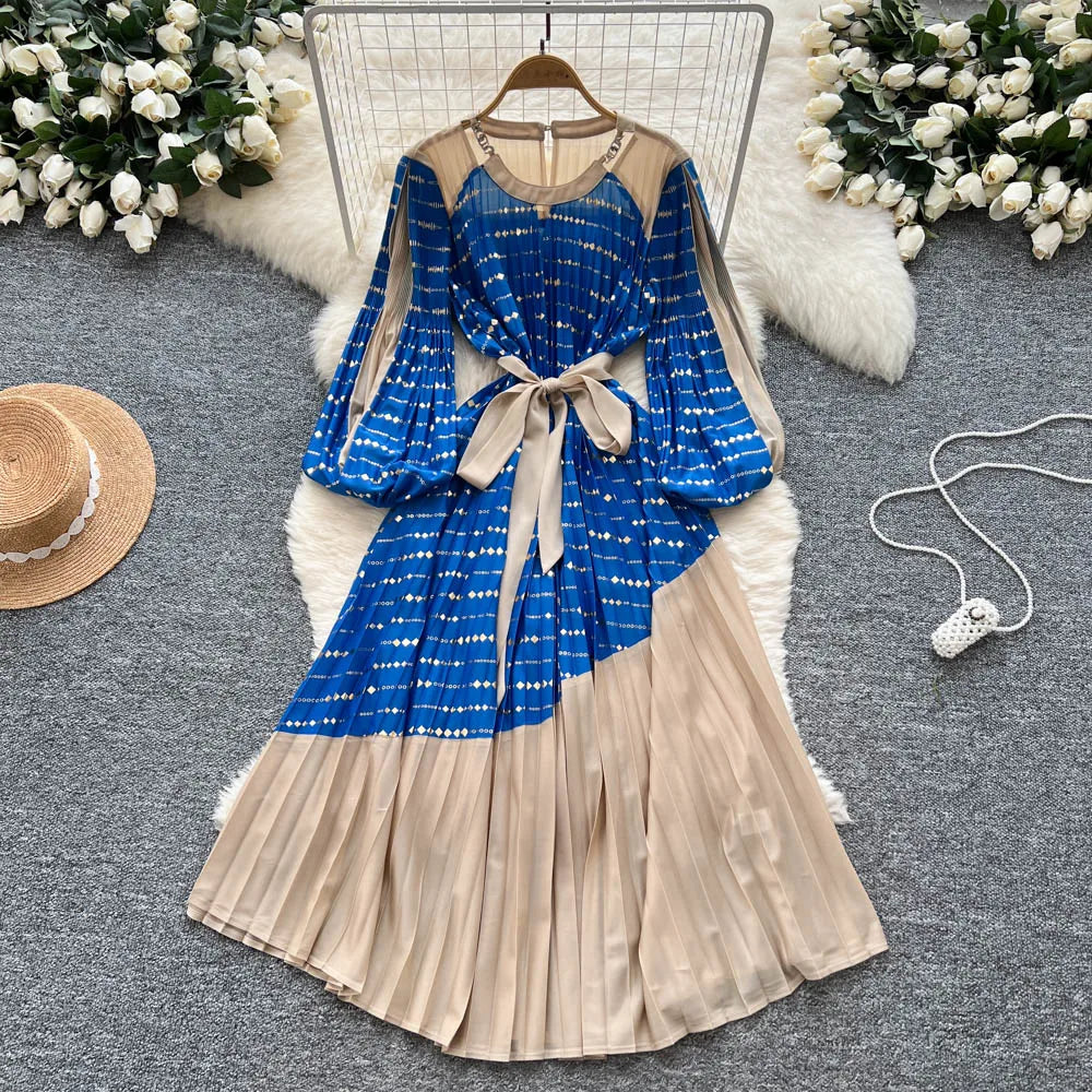 Spliced Print Slim Long Dress