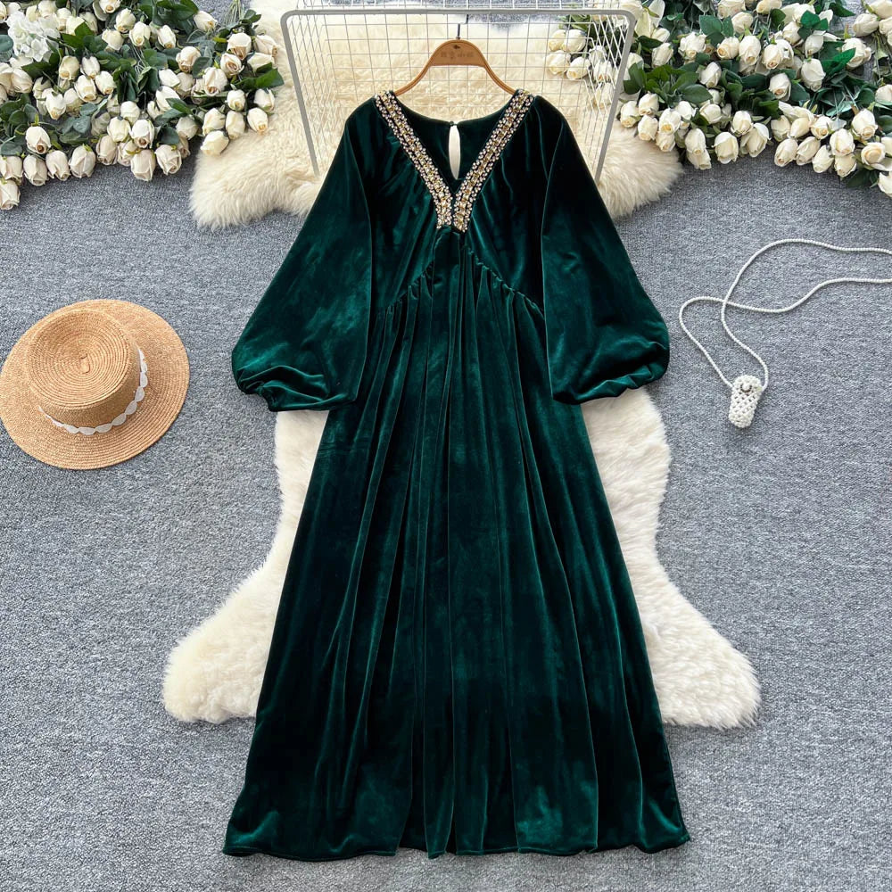 Velvet Lantern Sleeve Loose Dress