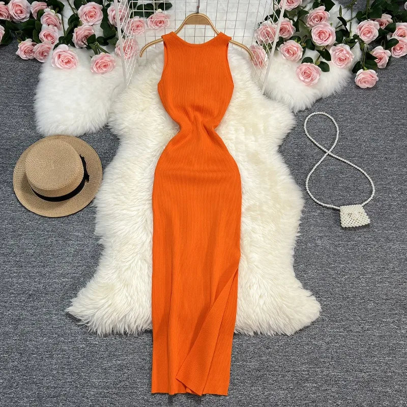 Reversible Split Knit Bodycon Maxi Dress