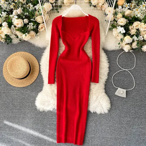Slit Knit V-Neck Long Sleeve Bodycon Dress