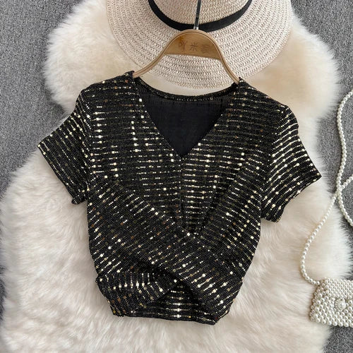 Glitter Sequin Pleated V-Neck Crop Top