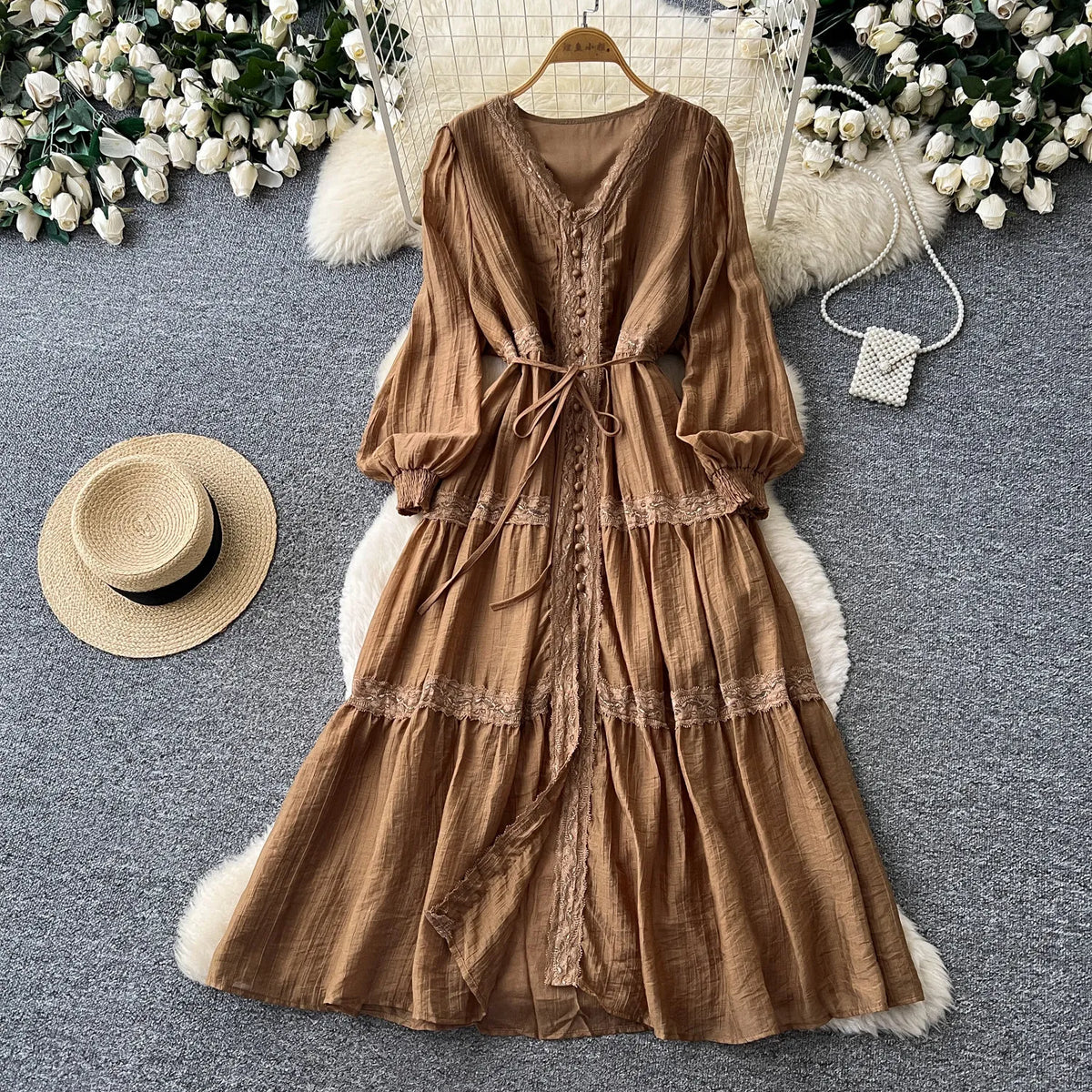 Lace V-Neck High Waist A-Line Dress