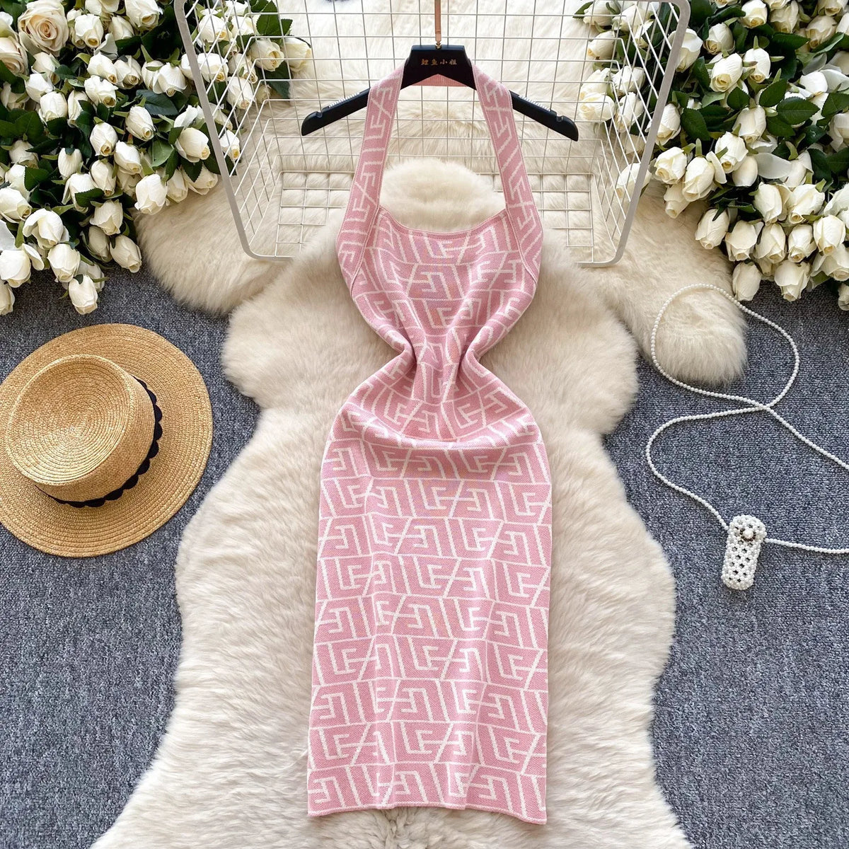 Letter Knit Halter Backless Mini Dress