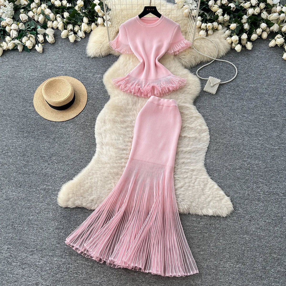 Ruffled Knit Pullover and Trumpet Skirt Set