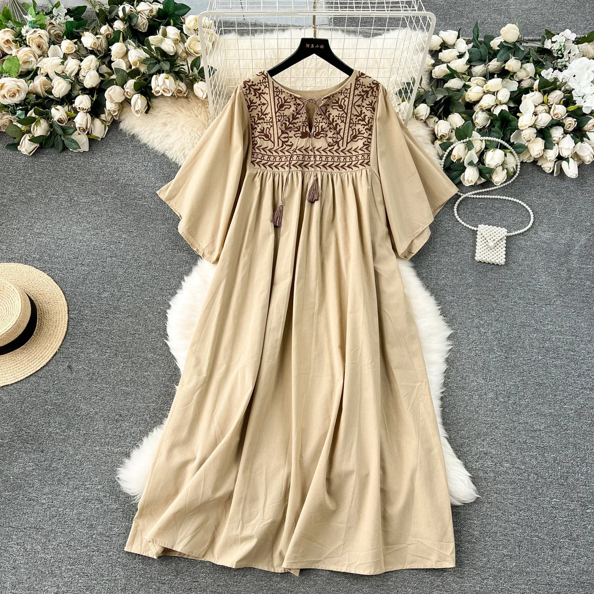 Embroidered Tassel Short Sleeve Dress