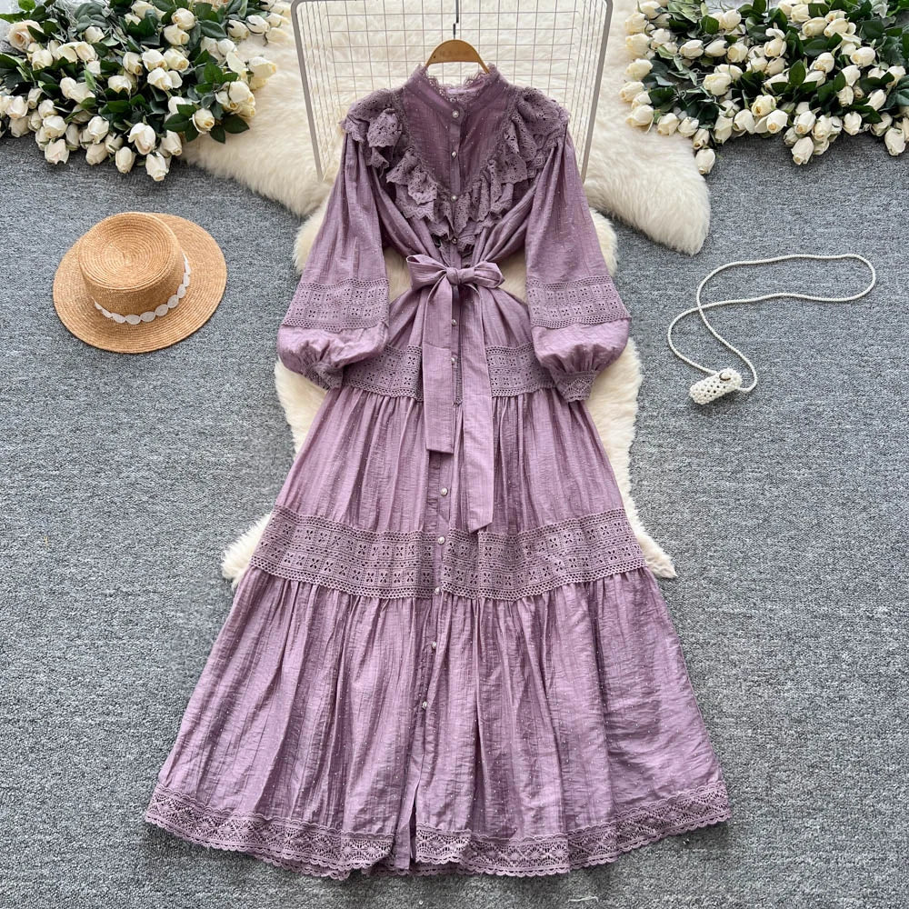 Lace Rhinestone Ruffle Long Sleeve Dress