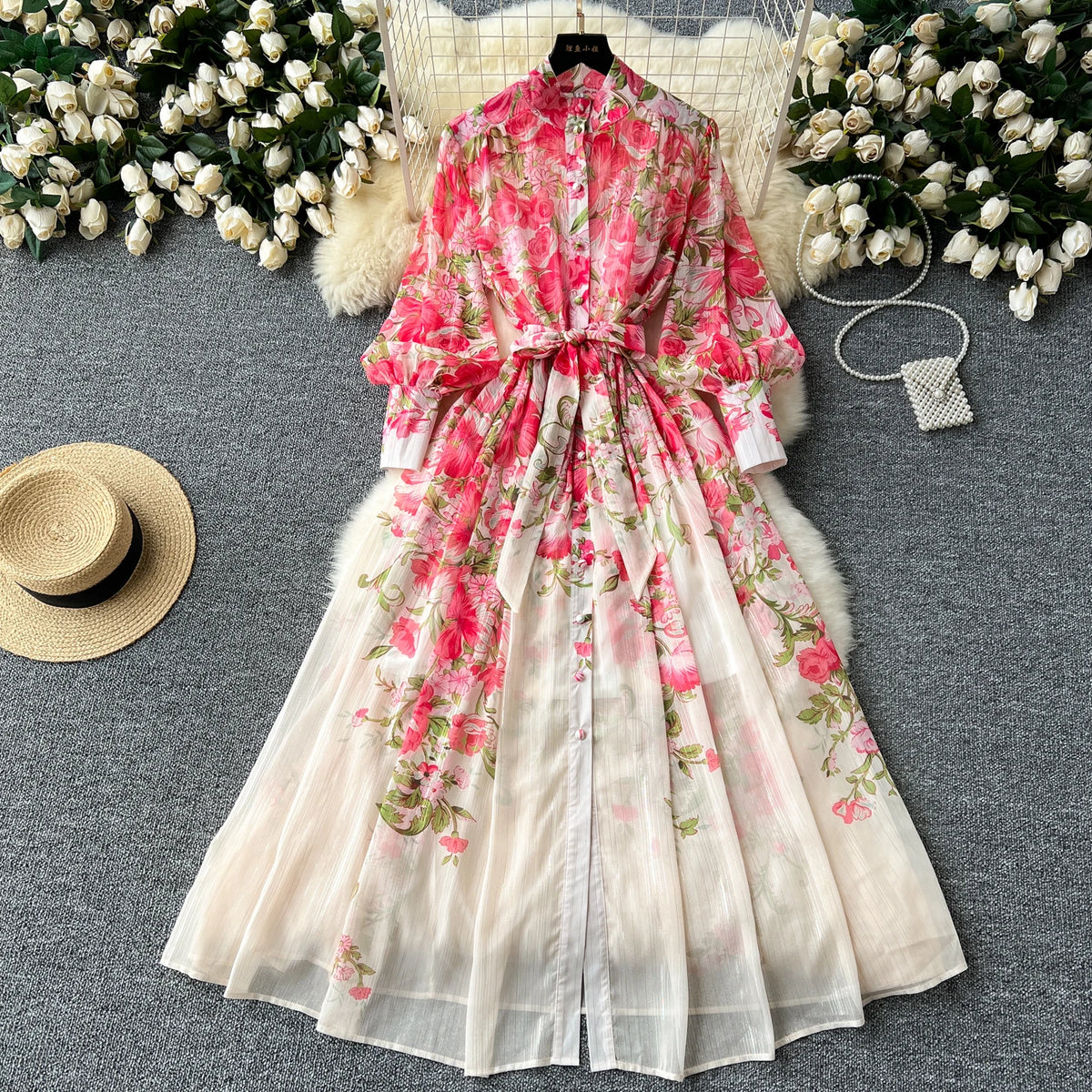 Print Chiffon Button Tie-Waist A-Line Dress