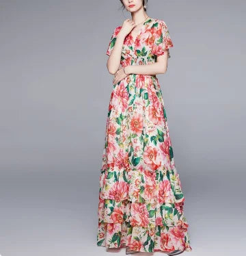 Butterfly Sleeve Print A-Line Long Dress