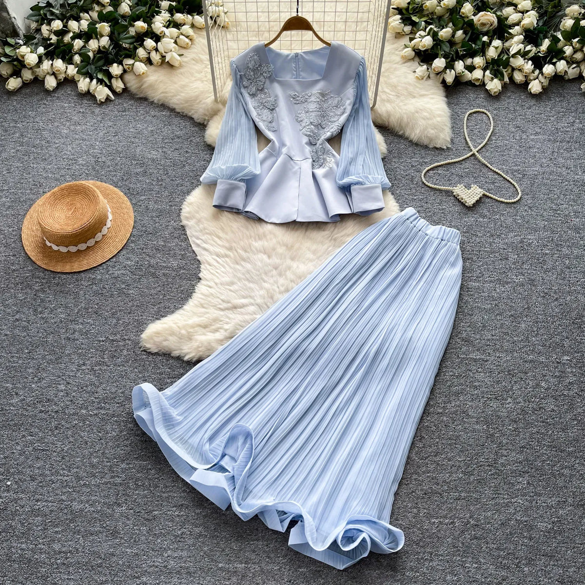 Embroidered Blouse and Pleated Skirt Set