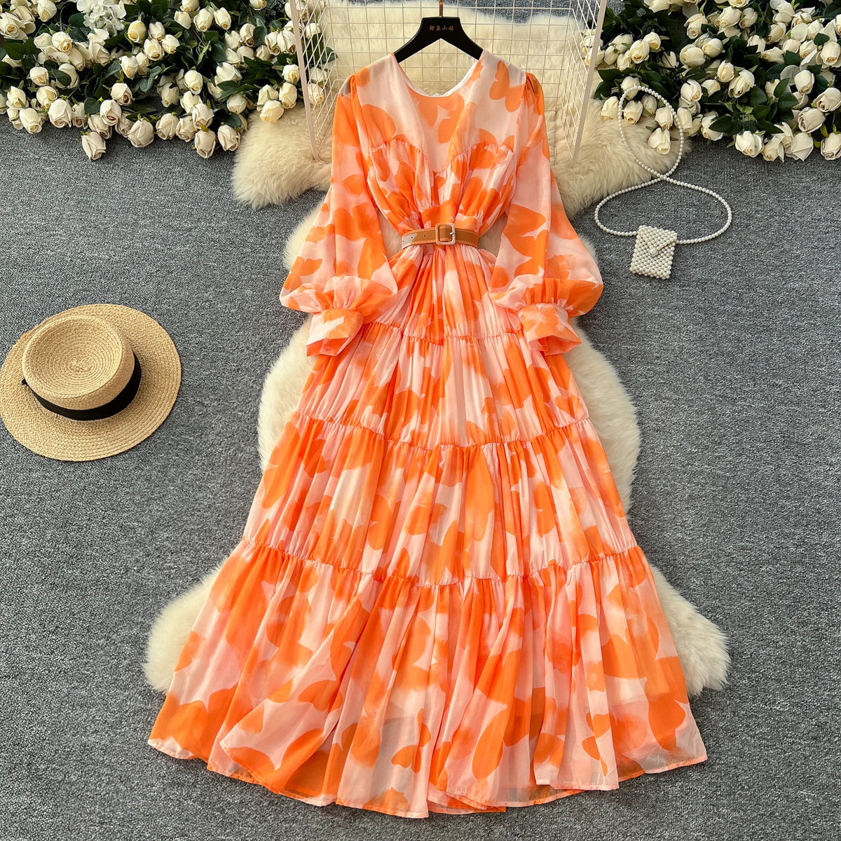 Print Lantern Sleeve Slim Party Dress