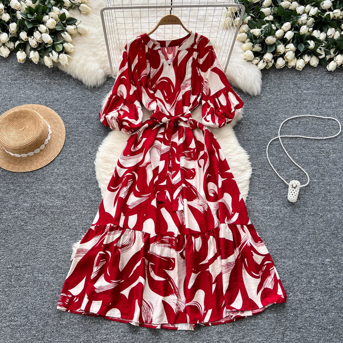 Print V-Neck Lantern Sleeve A-Line Maxi Dress