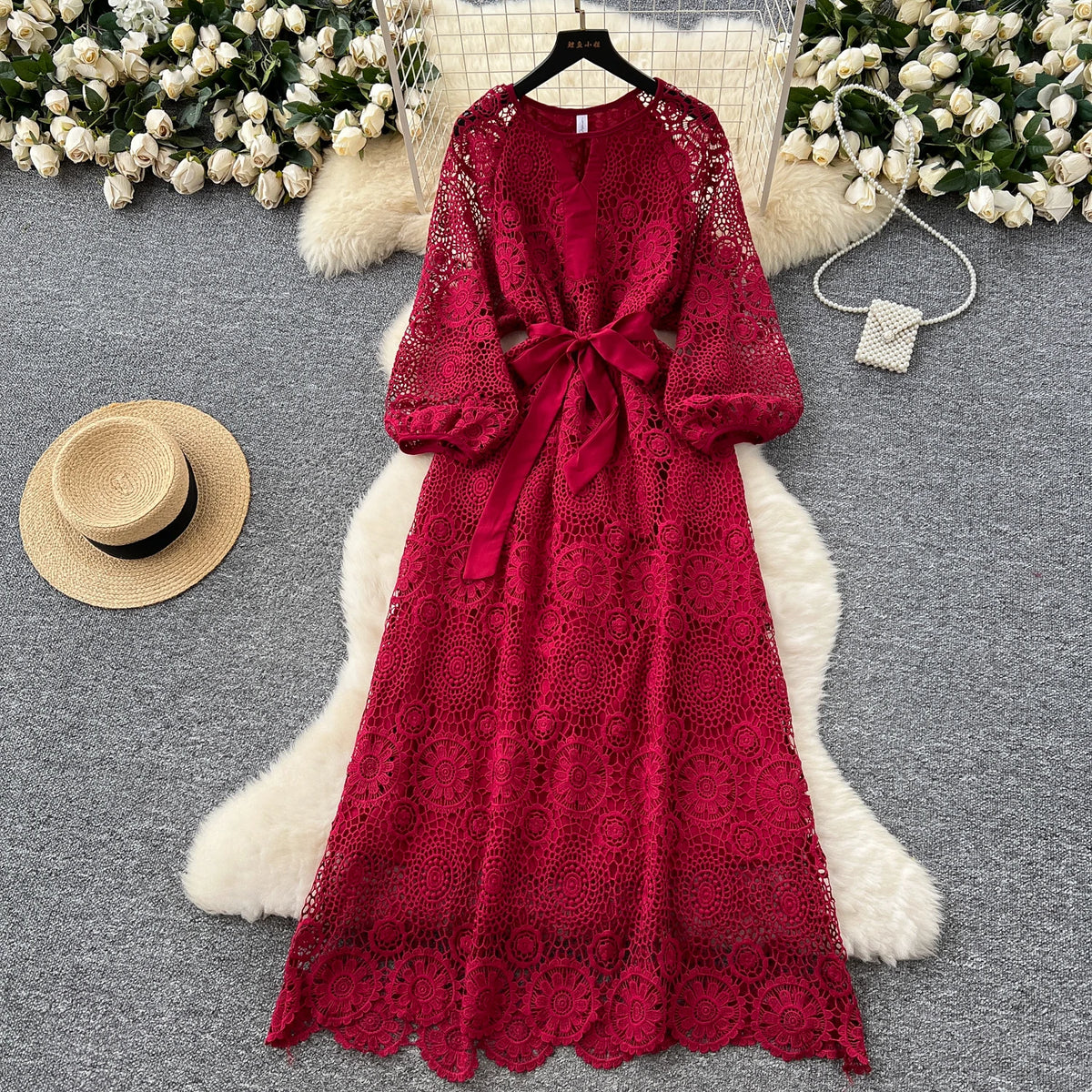 Crochet Embroidered Lace Maxi Dress