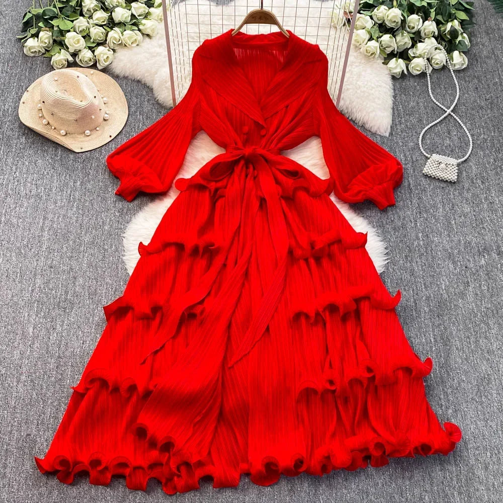 Notched Neck Ruffle Tiered A-Line Dress