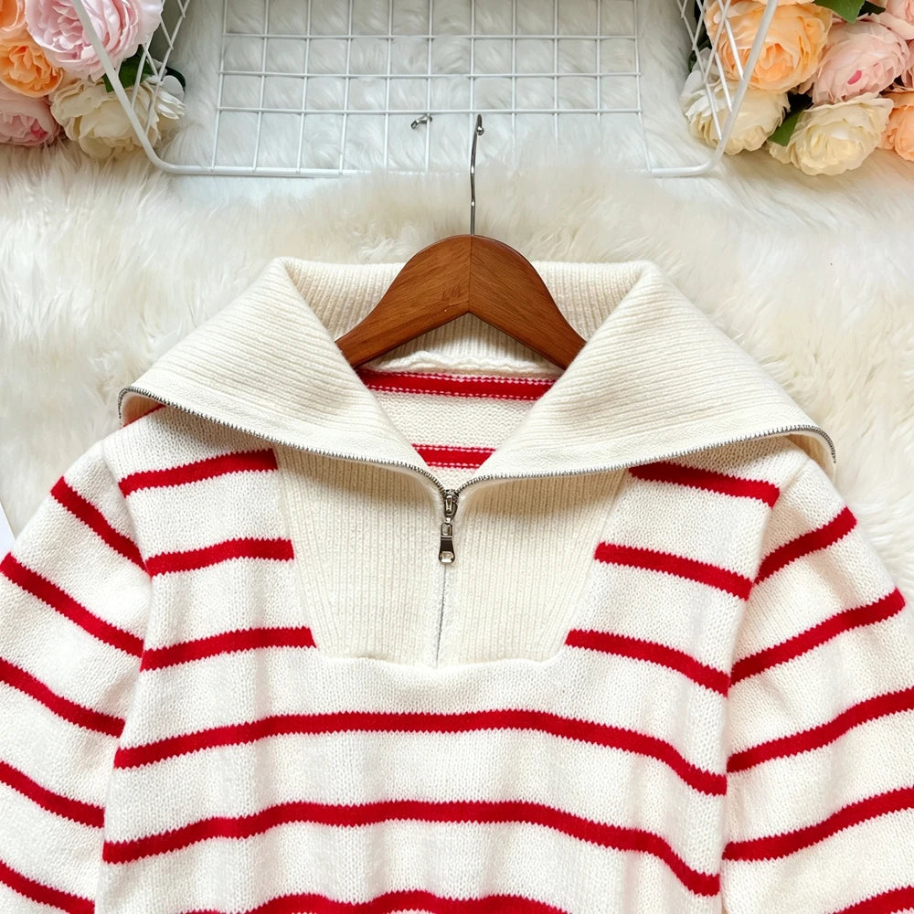 Striped Half Zip Knit Hoodie Sweater